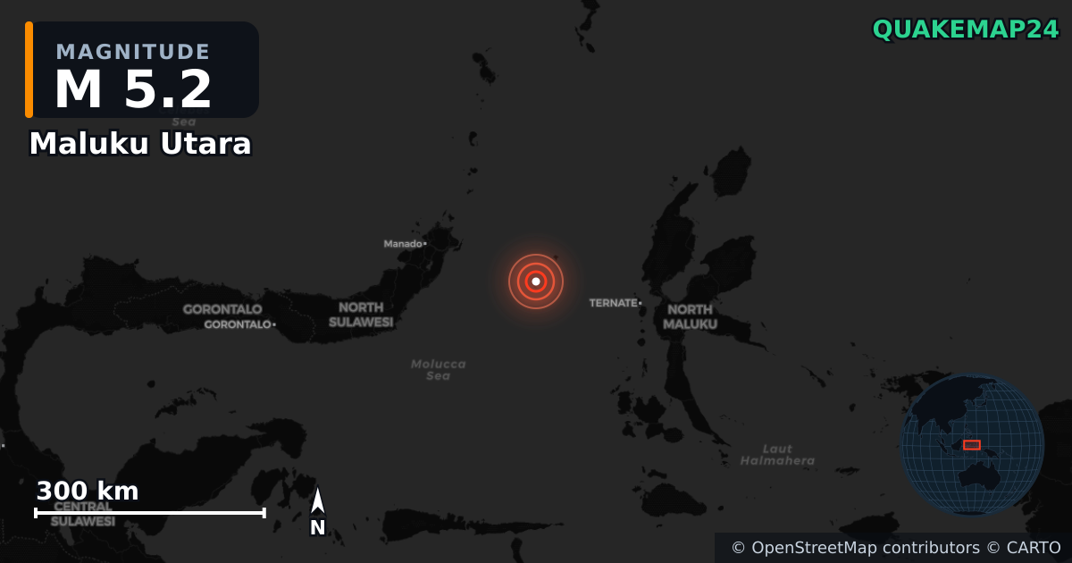 Erdbeben M5,2 bei Maluku Utara (Indonesien) — Karte der Lage des Epizentrums