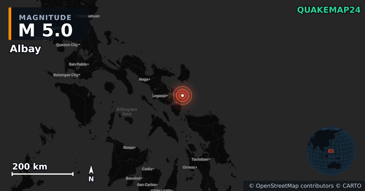 M5.0 earthquake near Albay on May 29, 2025 — map of epicenter and shaking intensity | QuakeMap24