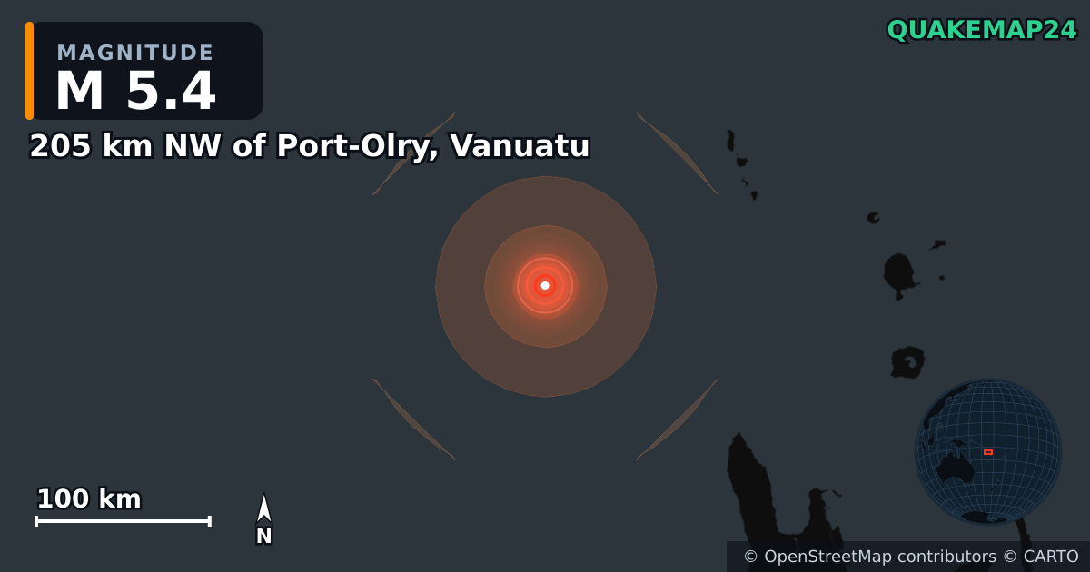 205 km NW of Port-Olry, Vanuatu yakınında M5,4 deprem · 2026-10-25 — Deprem merkez üssünün konumunu gösteren harita