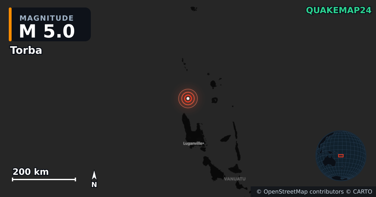 M5.0 earthquake near Torba on Jul 24, 2026 — map of epicenter and shaking intensity | QuakeMap24