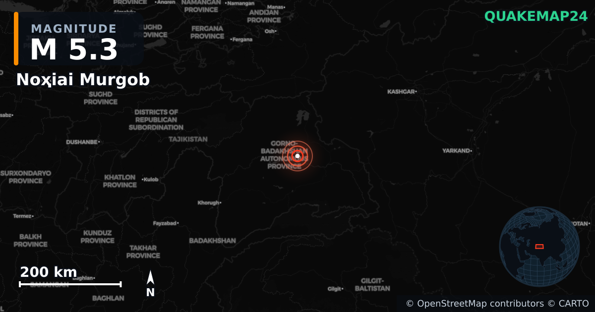 M5.3 earthquake near Noҳiai Murgob on Jan 8, 2026 — map of epicenter and shaking intensity | QuakeMap24