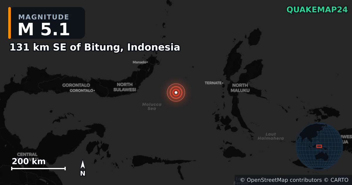 M5.1 earthquake near 131 km SE of Bitung, Indonesia on May 27, 2026 — map of epicenter and shaking intensity | QuakeMap24