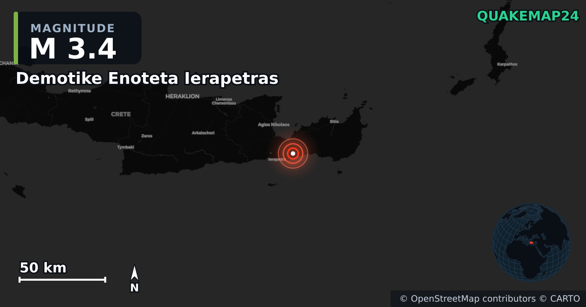 M3.4 earthquake near Demotike Enoteta Ierapetras on Feb 5, 2026 — map of epicenter and shaking intensity | QuakeMap24