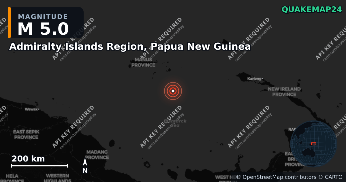 M5.0 earthquake near Admiralty Islands Region, Papua New Guinea on May 8, 2026 — map of epicenter and shaking intensity | QuakeMap24