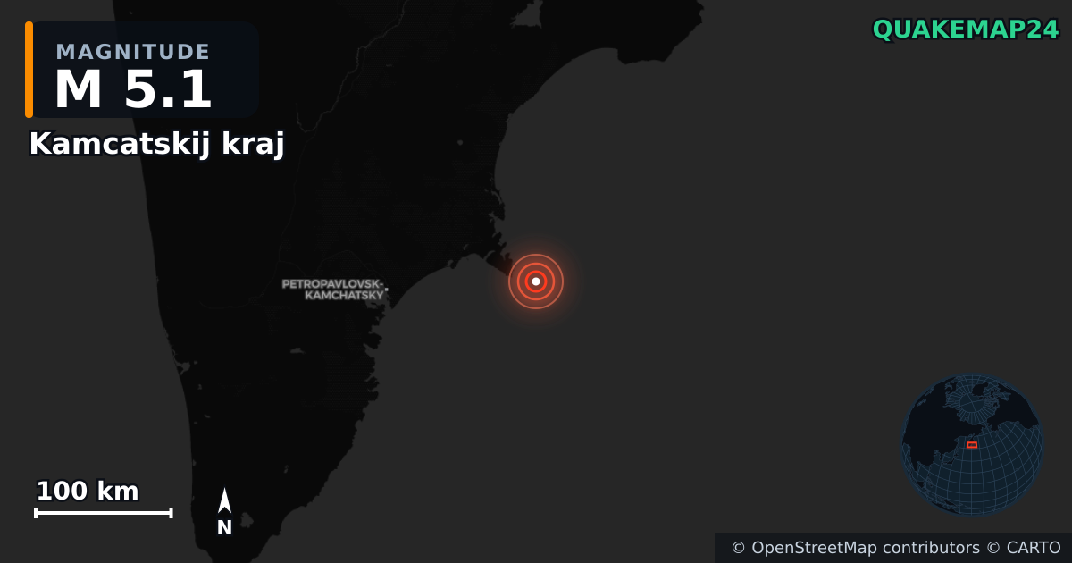 M5.1 earthquake near Kamcatskij kraj on Sep 26, 2025 — map of epicenter and shaking intensity | QuakeMap24