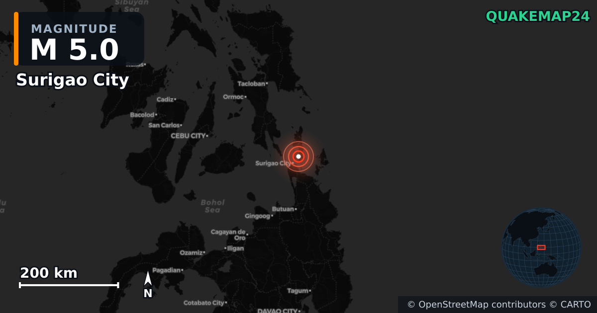 M5.0 earthquake near Surigao City on Feb 5, 2026 — map of epicenter and shaking intensity | QuakeMap24