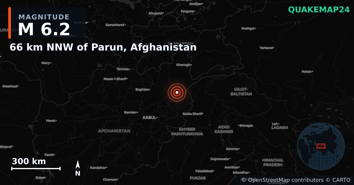 M6.2 earthquake near 66 km NNW of Parun, Afghanistan on Apr 15, 2025 — map of epicenter and shaking intensity | QuakeMap24