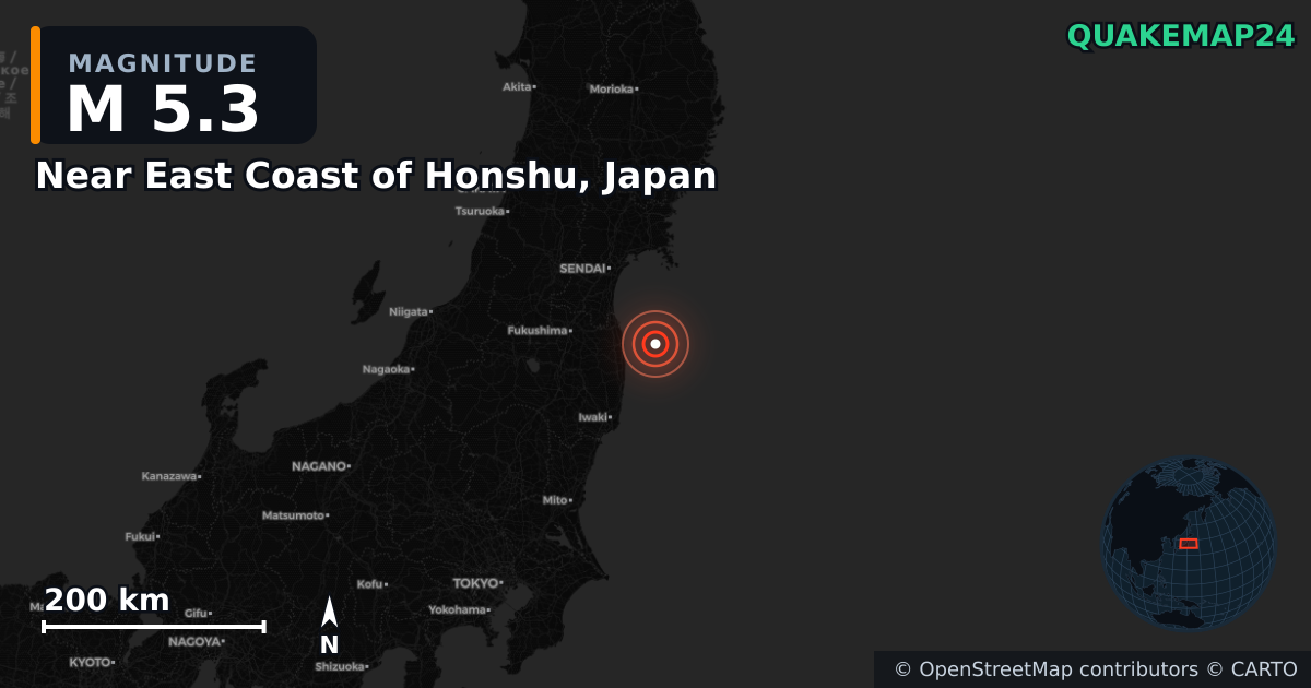 M5.3 earthquake near Near East Coast of Honshu, Japan on Oct 7, 2025 — map of epicenter and shaking intensity | QuakeMap24