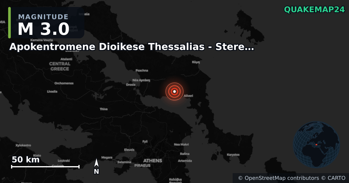M3.0 earthquake near Apokentromene Dioikese Thessalias - Stereas Ellados on Aug 7, 2025 — map of epicenter and shaking intensity | QuakeMap24