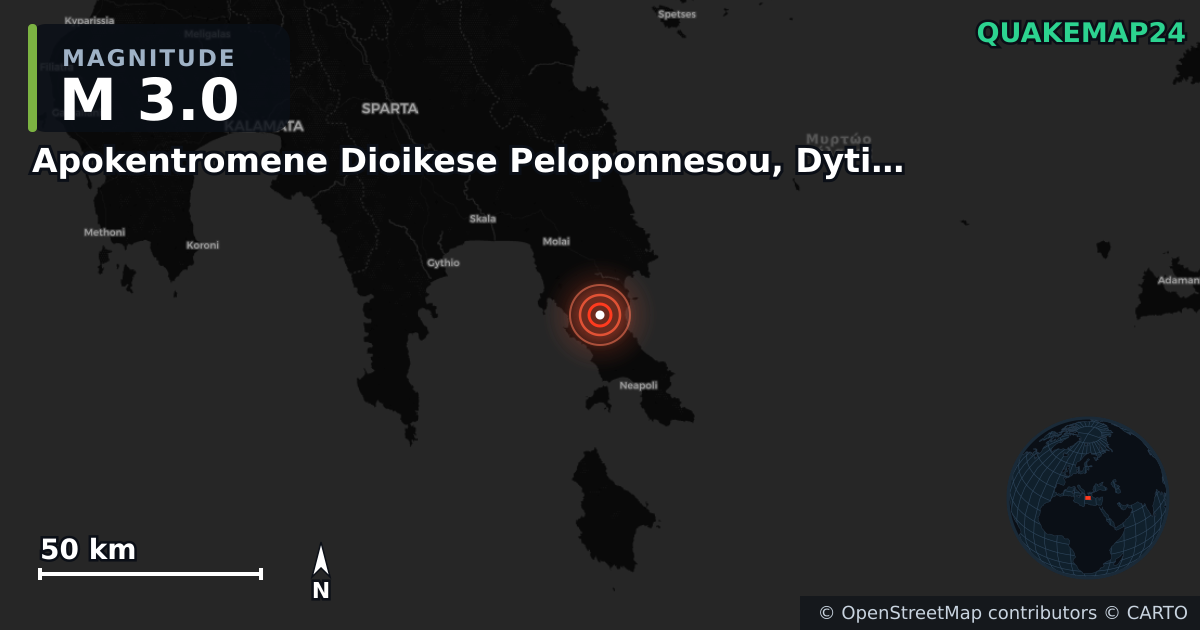 M3.0 earthquake near Apokentromene Dioikese Peloponnesou, Dytikes Elladas kai Ioniou on Oct 14, 2025 — map of epicenter and shaking intensity | QuakeMap24