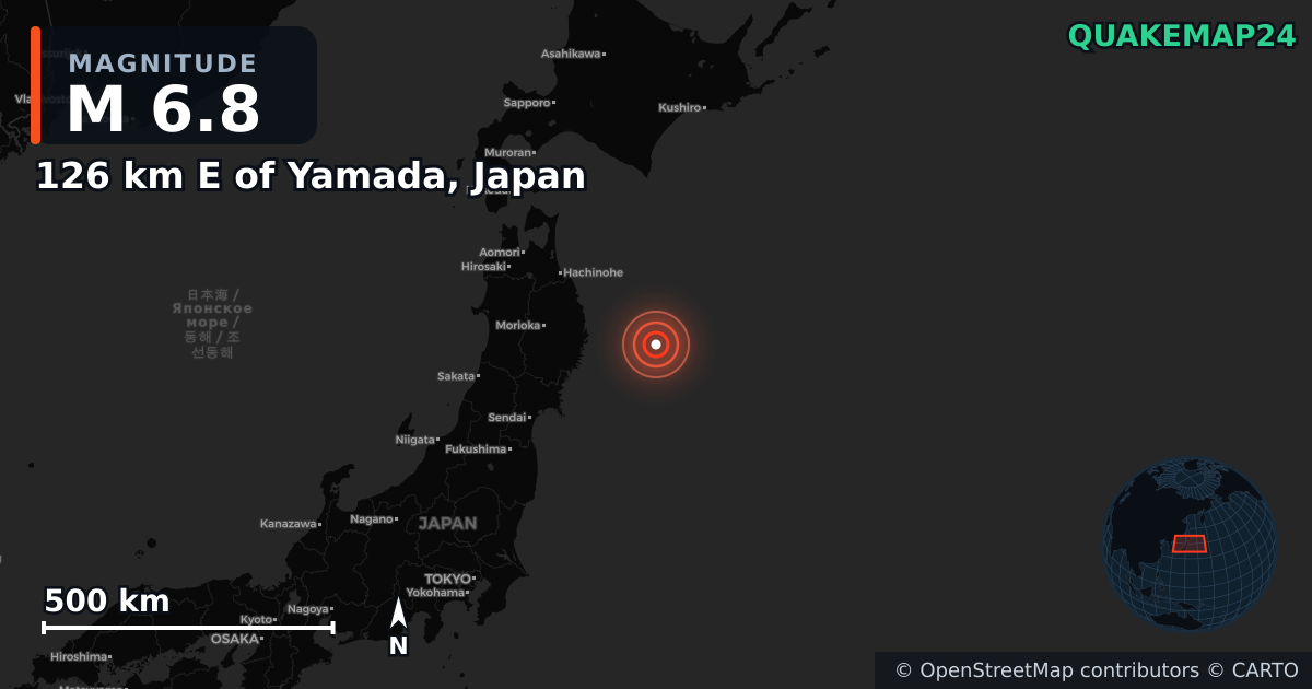 M6.8 earthquake near 126 km E of Yamada, Japan on Nov 9, 2025 — map of epicenter and shaking intensity | QuakeMap24