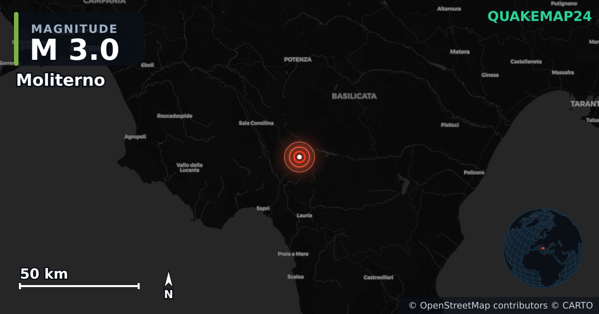 Sismo de M3,0 perto de Moliterno, Basilicata (Itália) · 2026-06-04 — Mapa da localização do epicentro