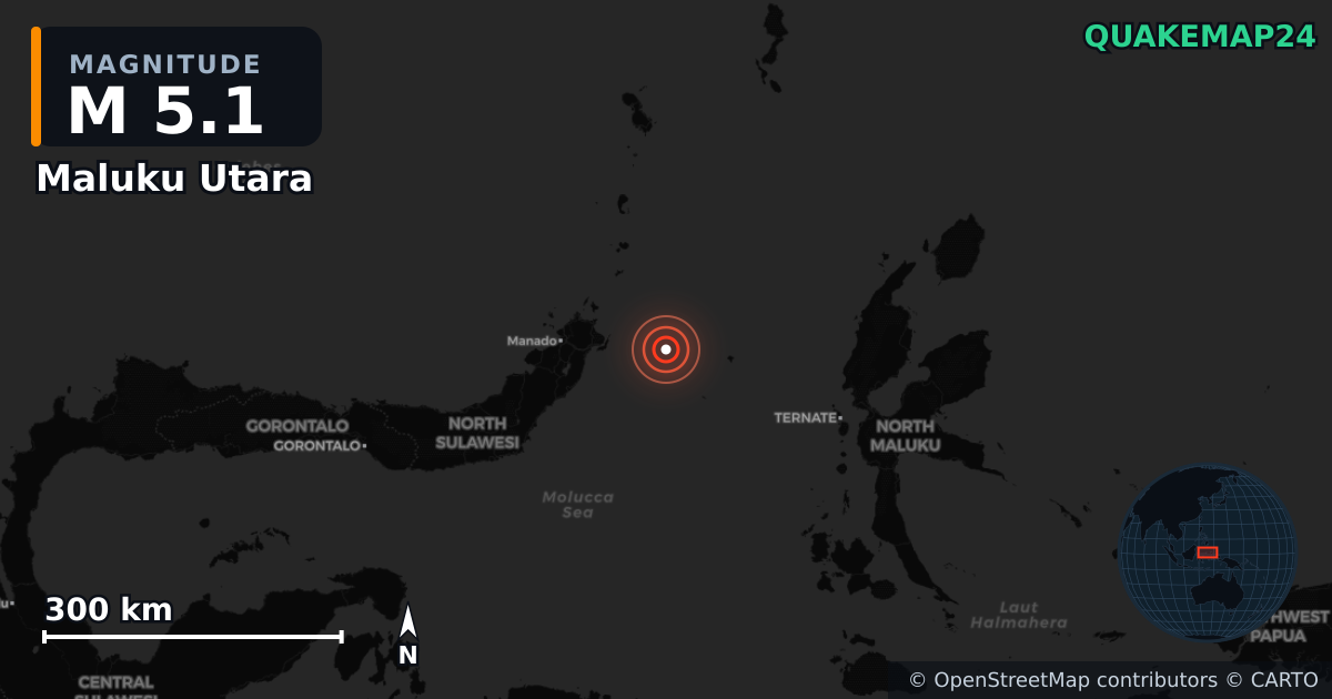 M5.1 earthquake near Maluku Utara on Dec 18, 2025 — map of epicenter and shaking intensity | QuakeMap24