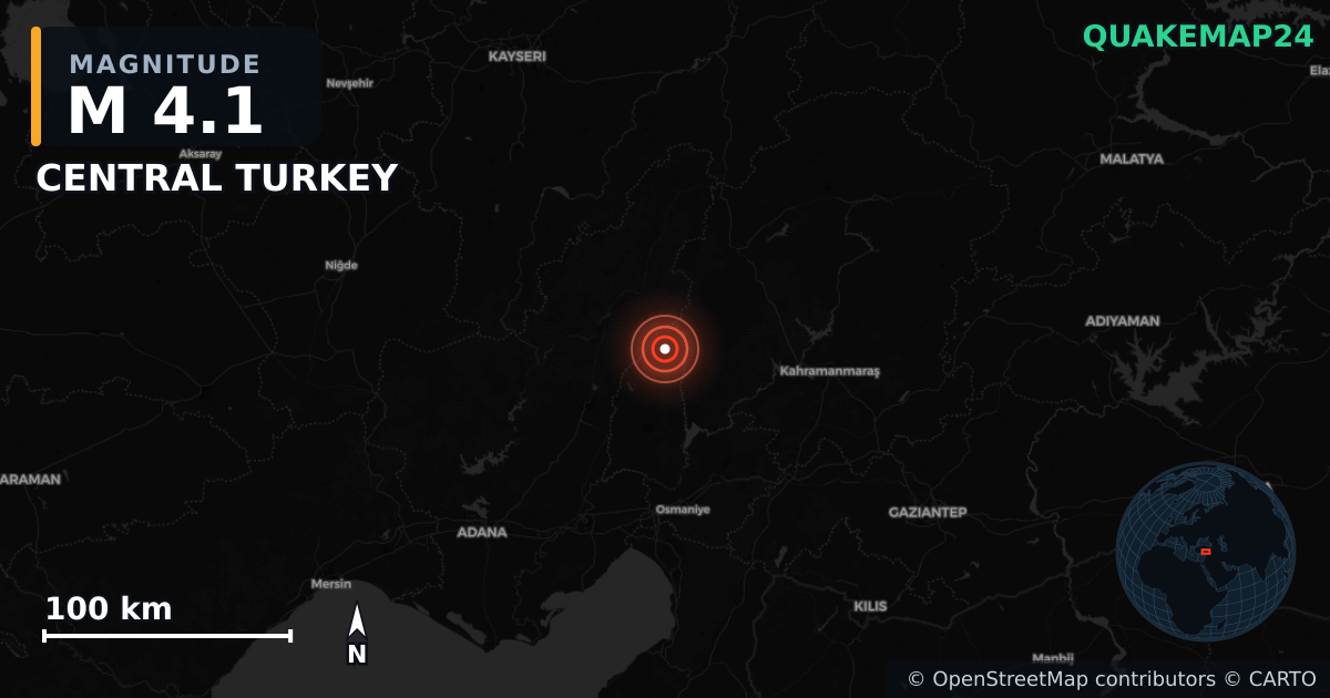 M4.1 earthquake near CENTRAL TURKEY on Aug 13, 2025 — map of epicenter and shaking intensity | QuakeMap24