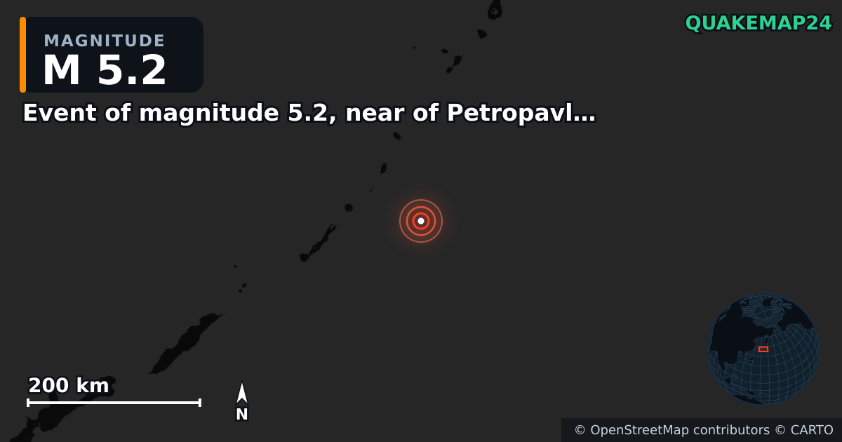 M5.2 earthquake near Event of magnitude 5.2, near of Petropavlovsk Kamchatskiy (Monde) on Mar 17, 2026 — map of epicenter and shaking intensity | QuakeMap24