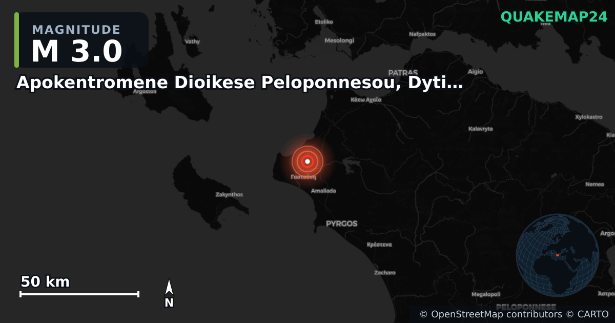 M3.0 earthquake near Apokentromene Dioikese Peloponnesou, Dytikes Elladas kai Ioniou on Jun 22, 2025 — map of epicenter and shaking intensity | QuakeMap24