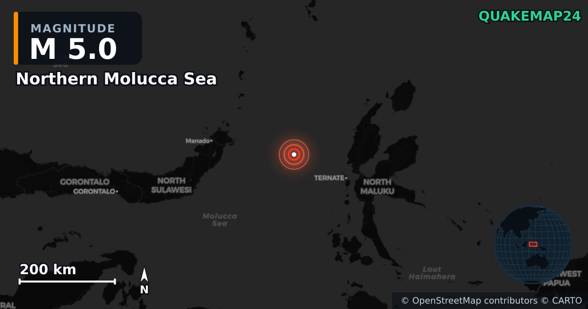 Erdbeben M5,0 bei Northern Molucca Sea — Karte der Lage des Epizentrums
