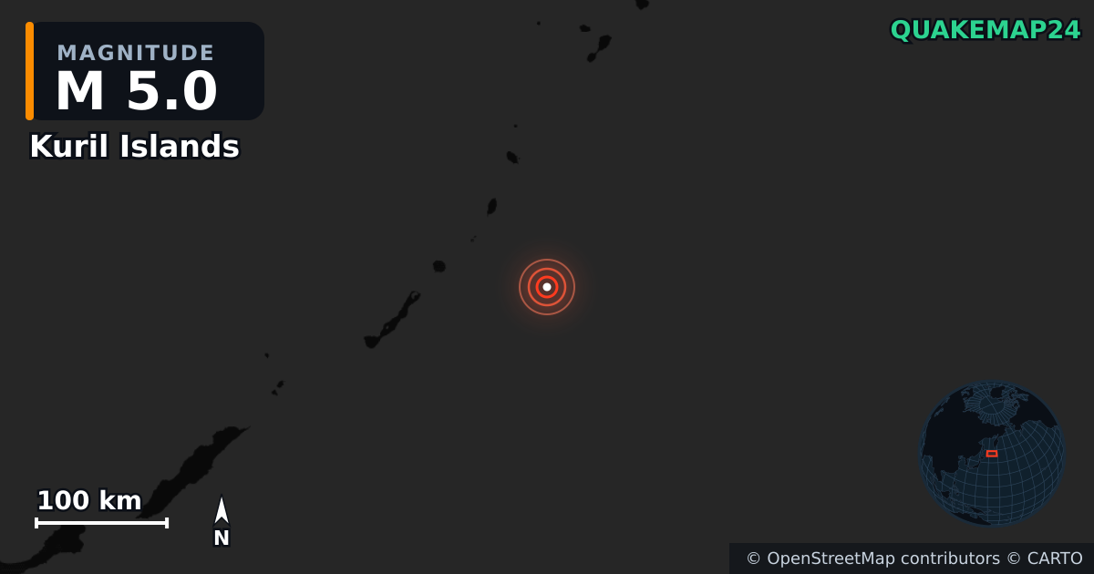 M5.0 earthquake near Kuril Islands on Mar 17, 2026 — map of epicenter and shaking intensity | QuakeMap24