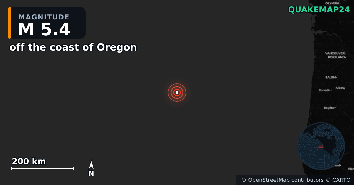 Erdbeben M5,4 bei off the coast of Oregon — Karte der Lage des Epizentrums