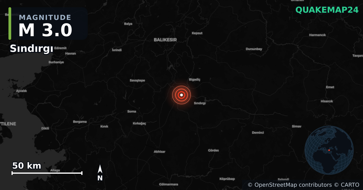 M3.0 earthquake near Sındırgı on Aug 16, 2025 — map of epicenter and shaking intensity | QuakeMap24