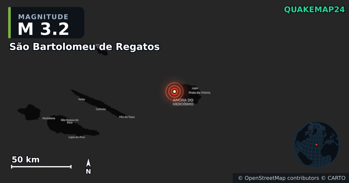 M3.2 earthquake near São Bartolomeu de Regatos on Nov 23, 2025 — map of epicenter and shaking intensity | QuakeMap24