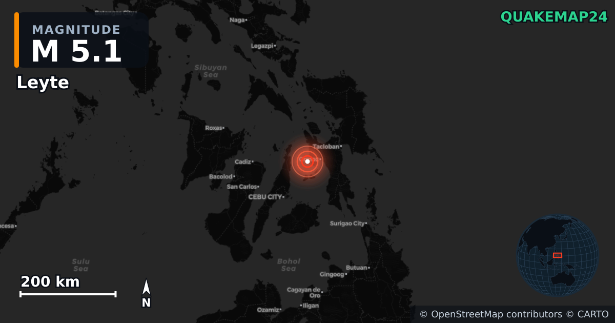M5.1 earthquake near Leyte on Oct 1, 2025 — map of epicenter and shaking intensity | QuakeMap24