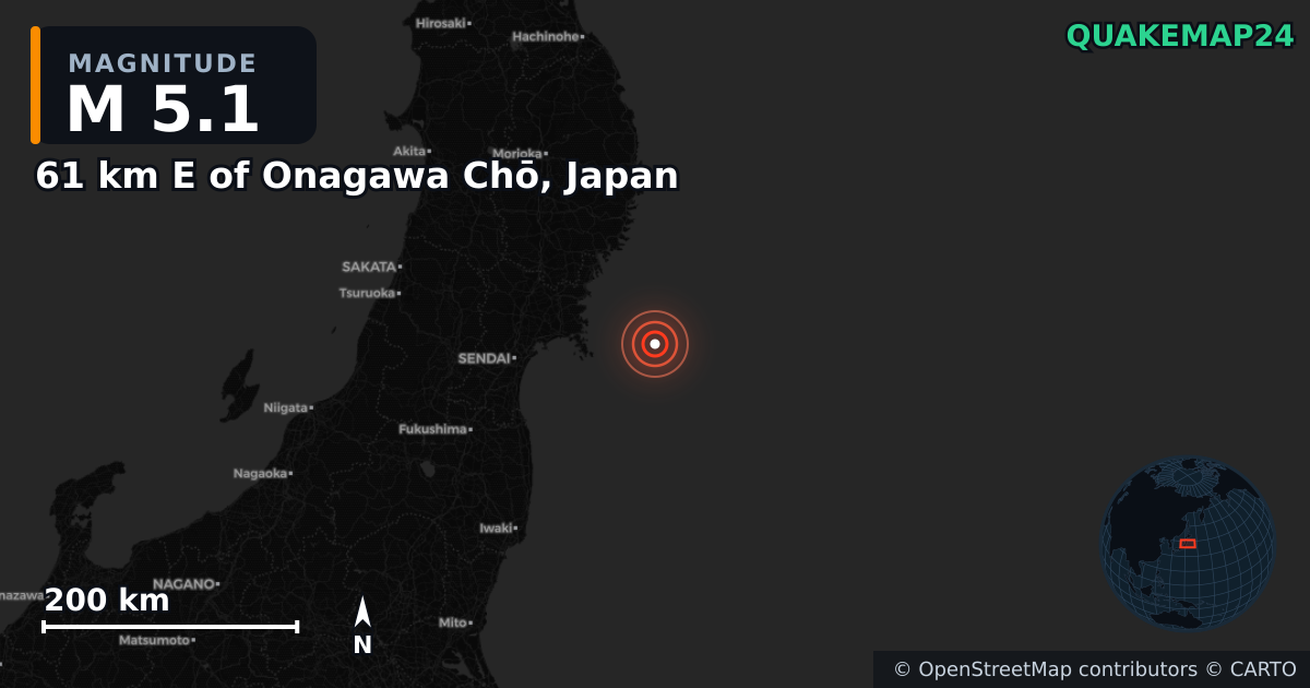 M5.1 earthquake near 61 km E of Onagawa Chō, Japan on Feb 12, 2025 — map of epicenter and shaking intensity | QuakeMap24