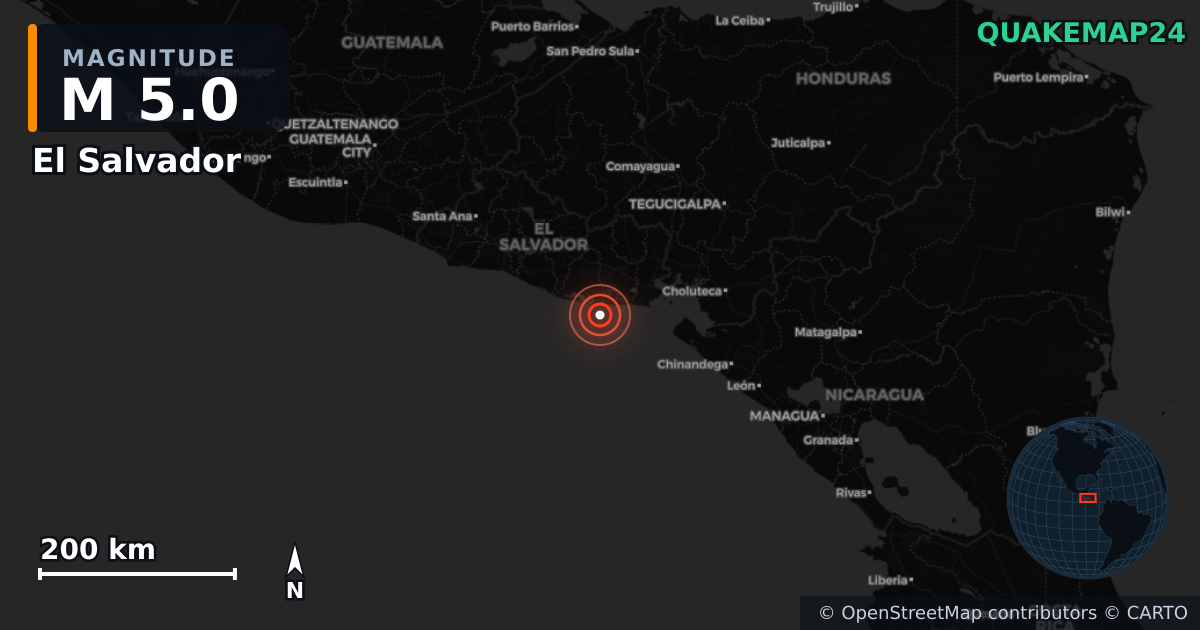 M5.0 earthquake near El Salvador on May 22, 2025 — map of epicenter and shaking intensity | QuakeMap24