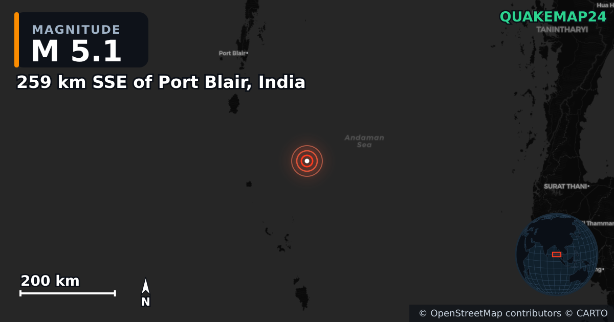 259 km SSE of Port Blair, India yakınında M5,1 deprem · 2025-07-07 — Deprem merkez üssünün konumunu gösteren harita