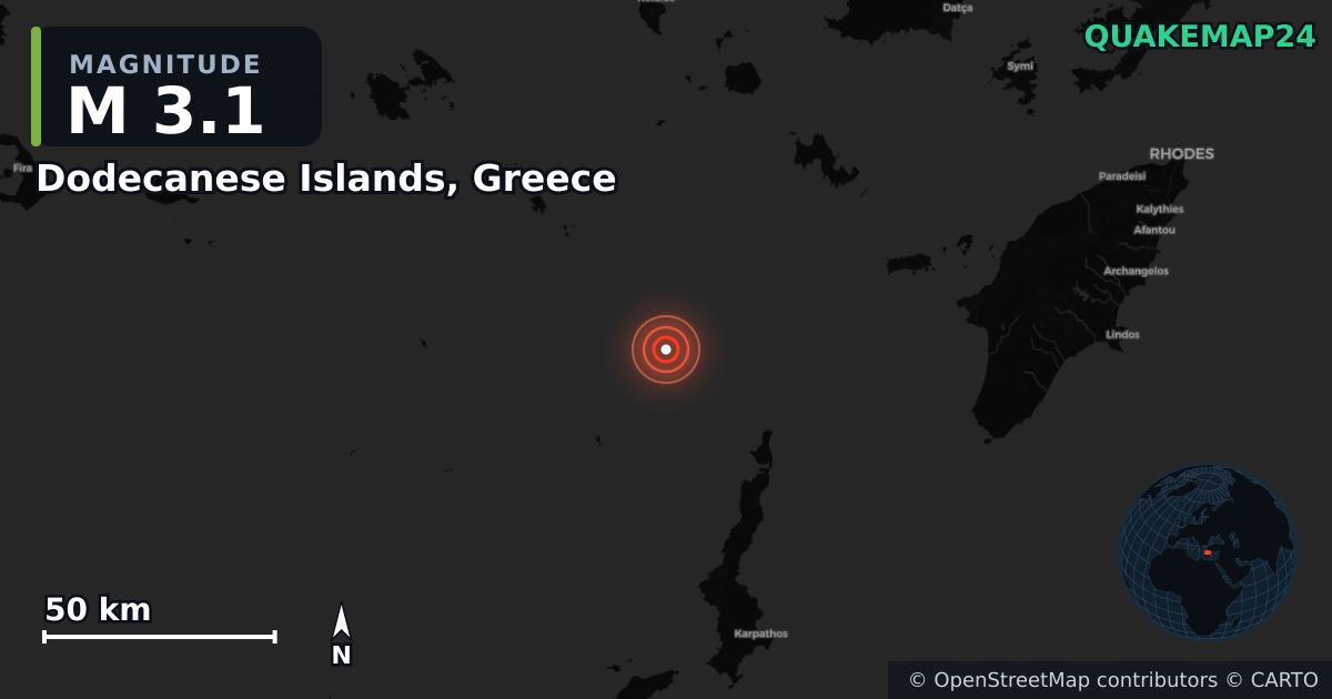 M3.1 earthquake near Dodecanese Islands, Greece on Aug 21, 2025 — map of epicenter and shaking intensity | QuakeMap24
