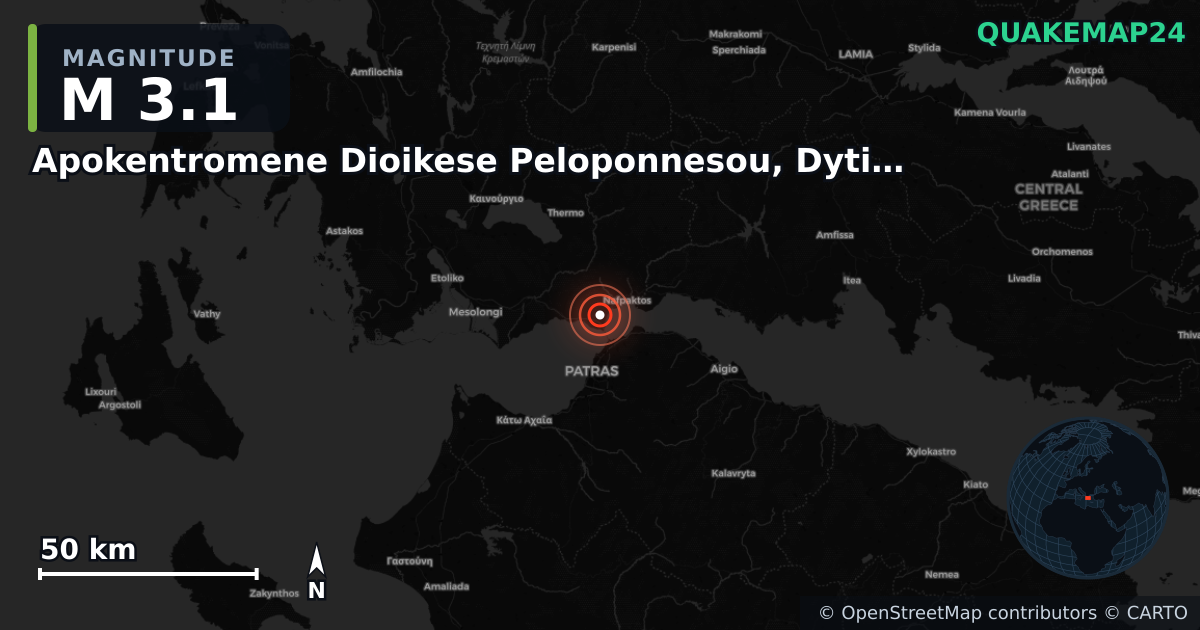 M3.1 earthquake near Apokentromene Dioikese Peloponnesou, Dytikes Elladas kai Ioniou on Jun 15, 2025 — map of epicenter and shaking intensity | QuakeMap24