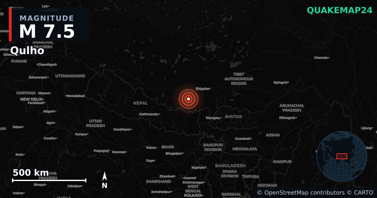 M7.5 earthquake near Qulho on Jan 7, 2025 — map of epicenter and shaking intensity | QuakeMap24