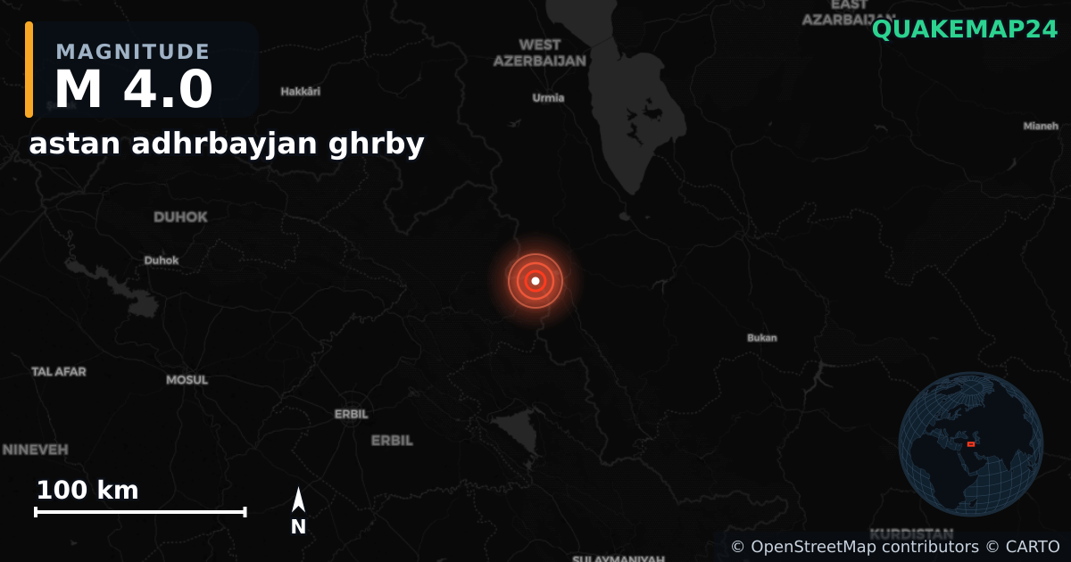 M4.0 earthquake near astan adhrbayjan ghrby on Jun 30, 2025 — map of epicenter and shaking intensity | QuakeMap24