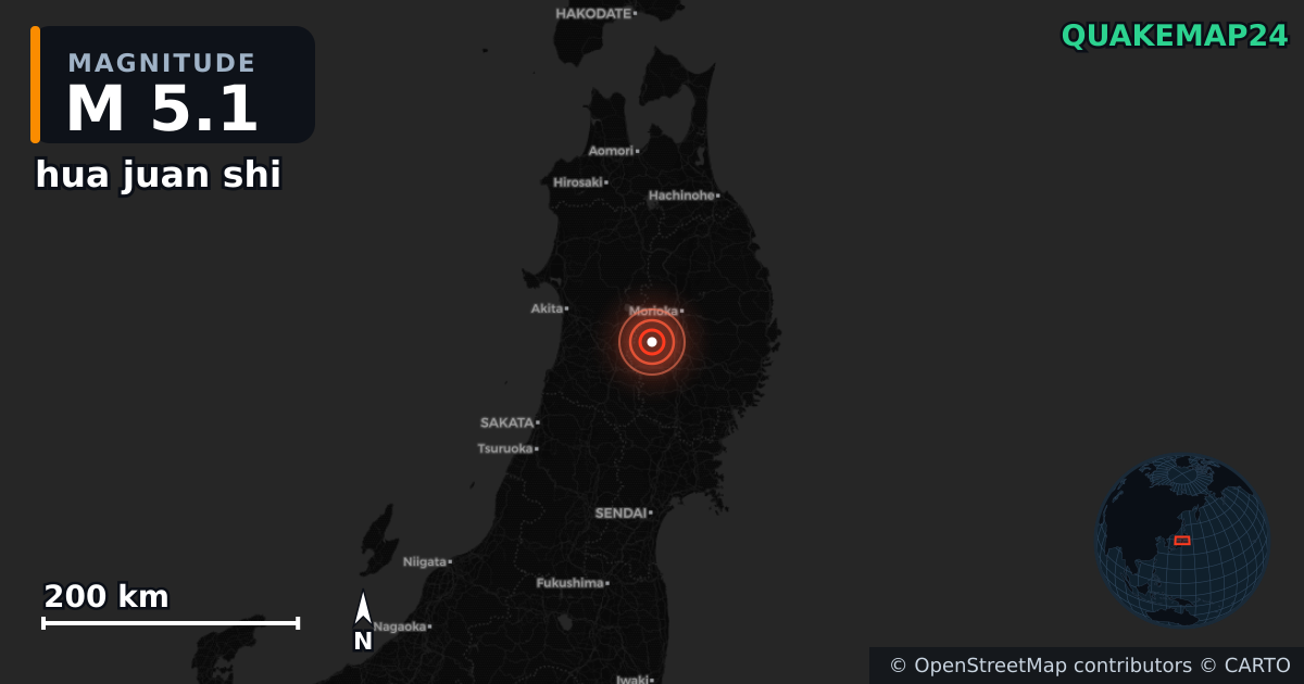 M5.1 earthquake near hua juan shi on Sep 24, 2025 — map of epicenter and shaking intensity | QuakeMap24