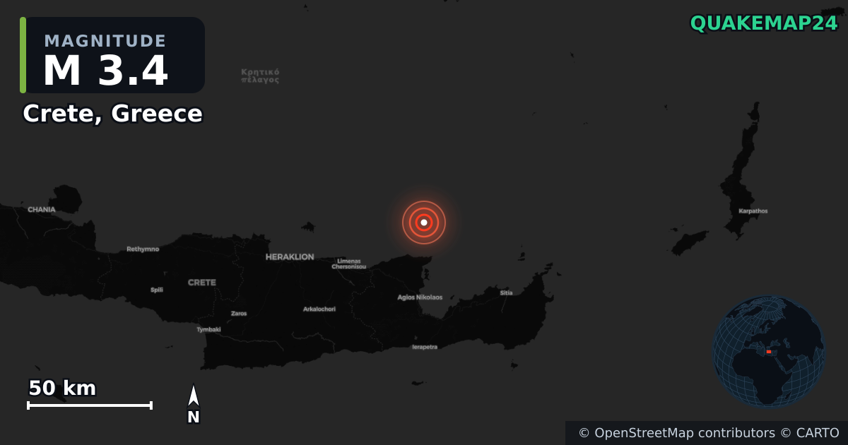 M3.4 earthquake near Crete, Greece on Sep 17, 2025 — map of epicenter and shaking intensity | QuakeMap24
