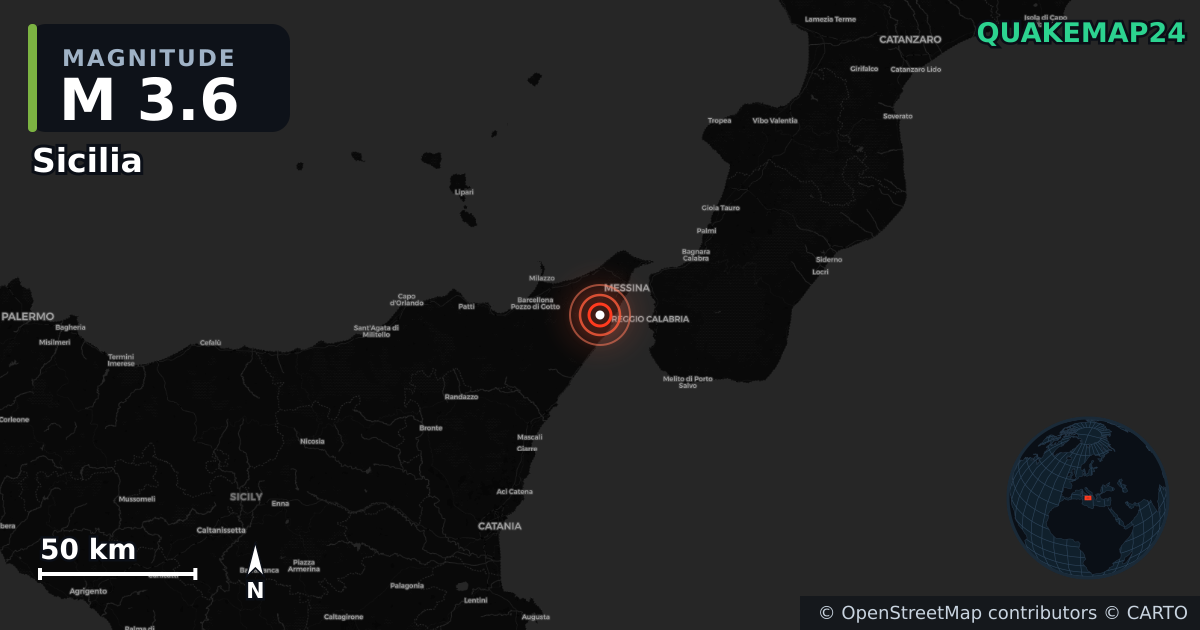 M3.6 earthquake near Sicilia on Dec 2, 2025 — map of epicenter and shaking intensity | QuakeMap24