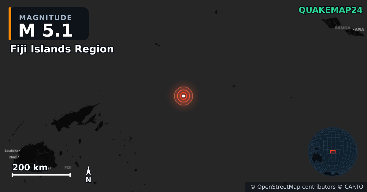 M5.1 earthquake near Fiji Islands Region on Jul 30, 2025 — map of epicenter and shaking intensity | QuakeMap24