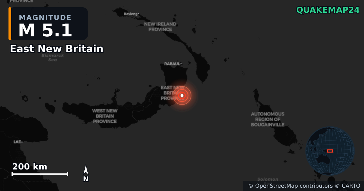 M5.1 earthquake near East New Britain on Dec 29, 2025 — map of epicenter and shaking intensity | QuakeMap24