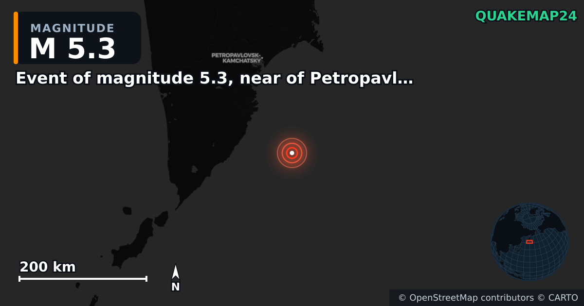 M5.3 earthquake near Event of magnitude 5.3, near of Petropavlovsk Kamchatskiy (Monde) on Oct 29, 2025 — map of epicenter and shaking intensity | QuakeMap24
