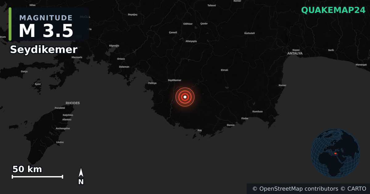 Sismo de M3,5 perto de Seydikemer (Turquia) · 2026-01-04 — Mapa da localização do epicentro