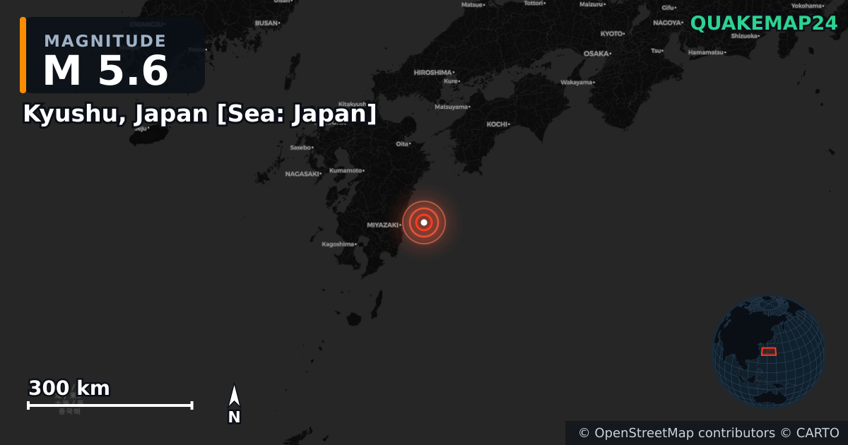M5.6 earthquake near Kyushu, Japan [Sea: Japan] on Aug 16, 2025 — map of epicenter and shaking intensity | QuakeMap24