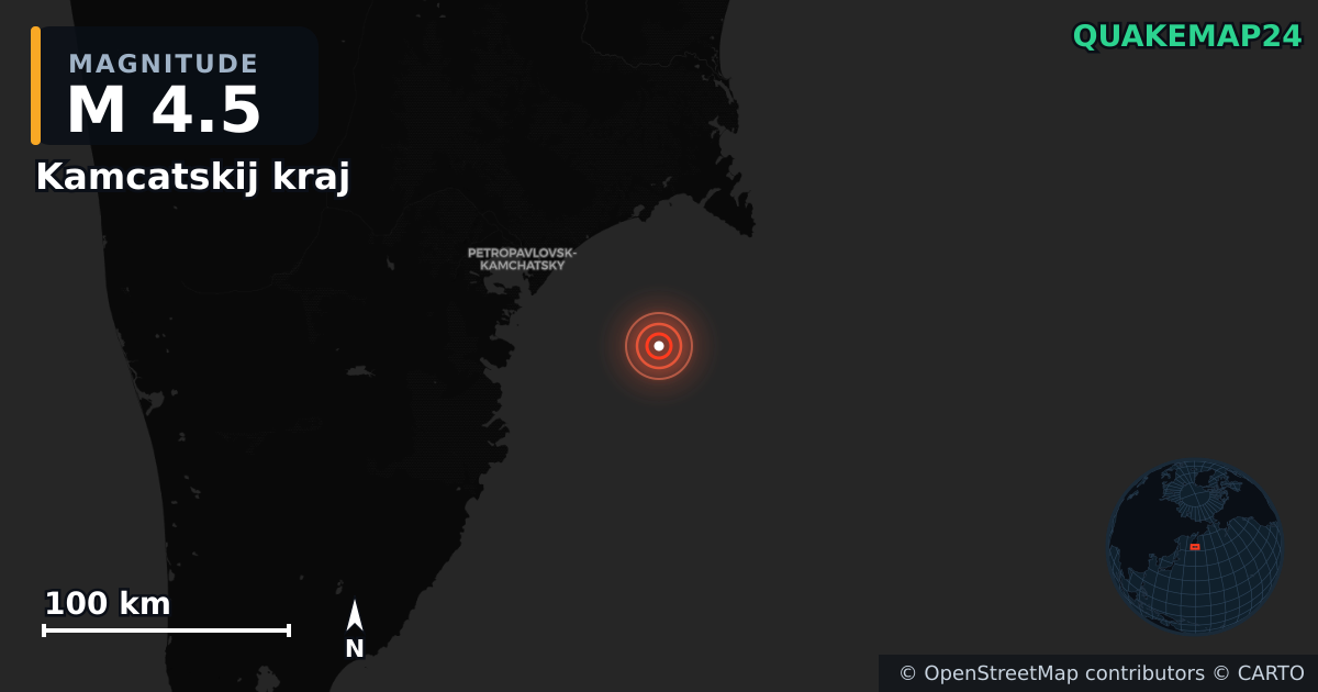 M4.5 earthquake near Kamcatskij kraj on Aug 6, 2025 — map of epicenter and shaking intensity | QuakeMap24