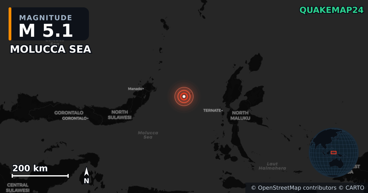 M5.1 earthquake near MOLUCCA SEA on Apr 2, 2026 — map of epicenter and shaking intensity | QuakeMap24