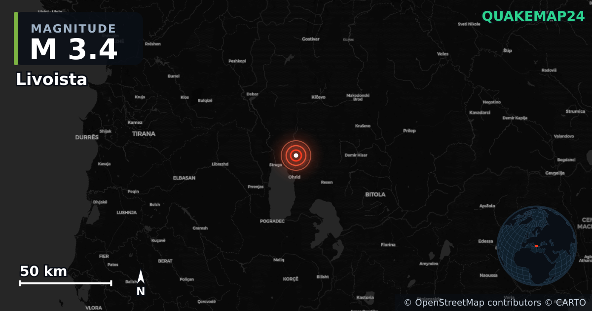 M3.4 earthquake near Livoista on May 18, 2025 — map of epicenter and shaking intensity | QuakeMap24