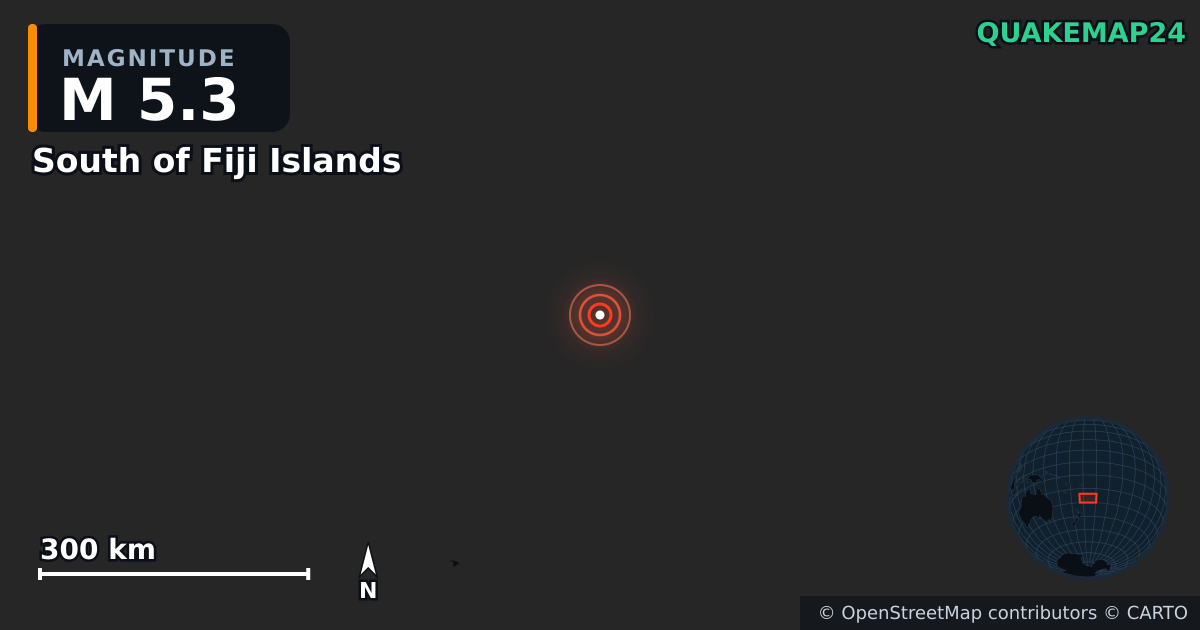 M5.3 earthquake near South of Fiji Islands on Jul 2, 2025 — map of epicenter and shaking intensity | QuakeMap24