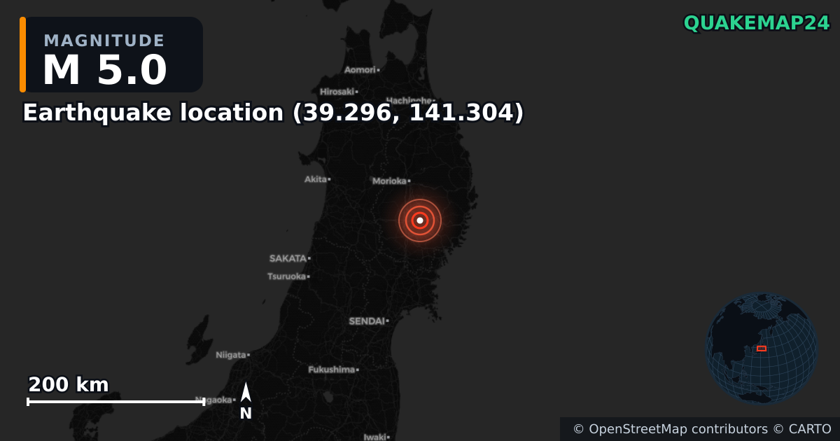 M5.0 earthquake near Deprem konumu (39.296, 141.304) on Mar 8, 2026 — map of epicenter and shaking intensity | QuakeMap24
