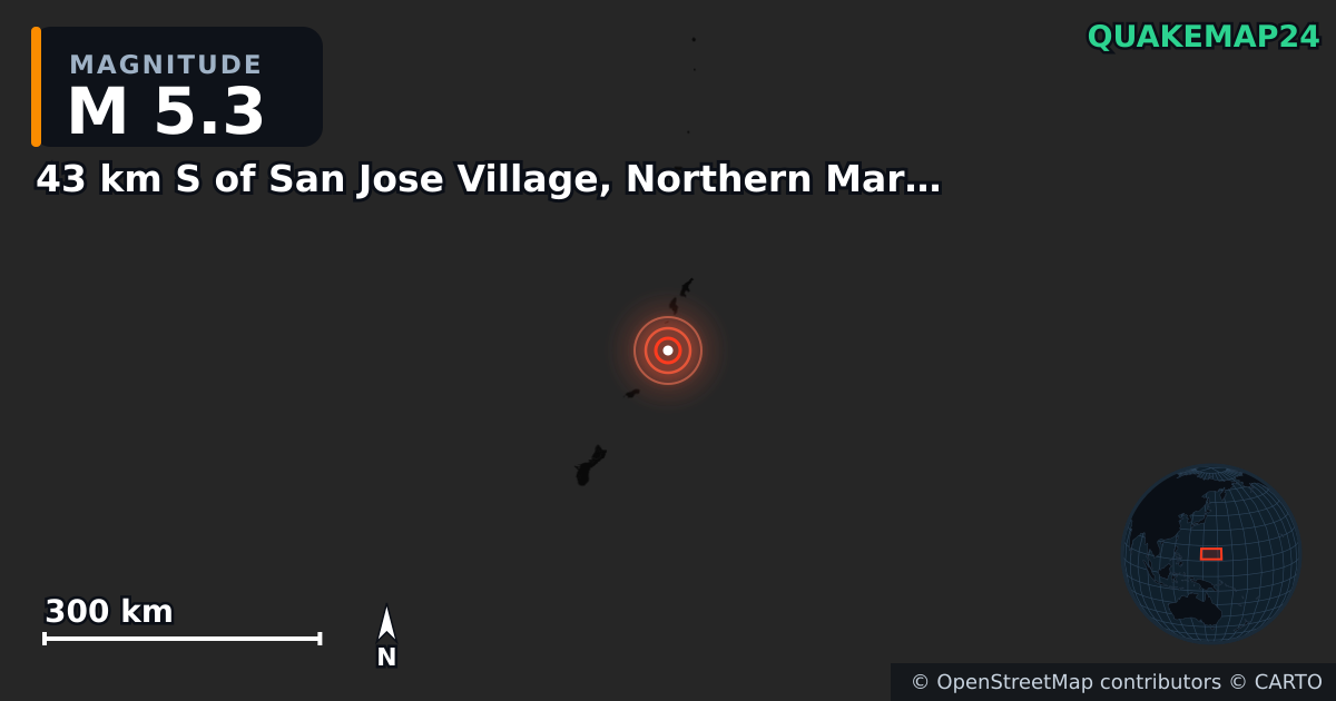 M5.3 earthquake near 43 km S of San Jose Village, Northern Mariana Islands on Apr 7, 2025 — map of epicenter and shaking intensity | QuakeMap24