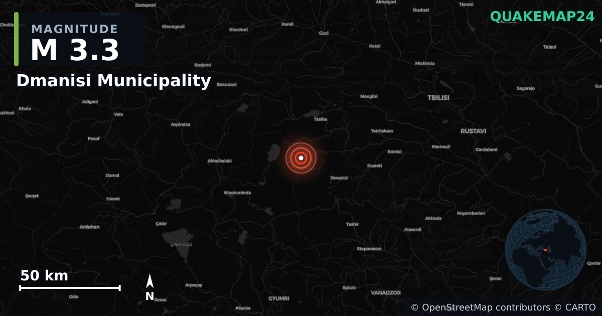 M3.3 earthquake near Dmanisi Municipality on Jul 3, 2026 — map of epicenter and shaking intensity | QuakeMap24