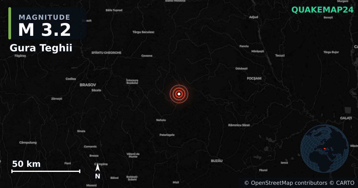 M3.2 earthquake near Gura Teghii on Jul 19, 2026 — map of epicenter and shaking intensity | QuakeMap24