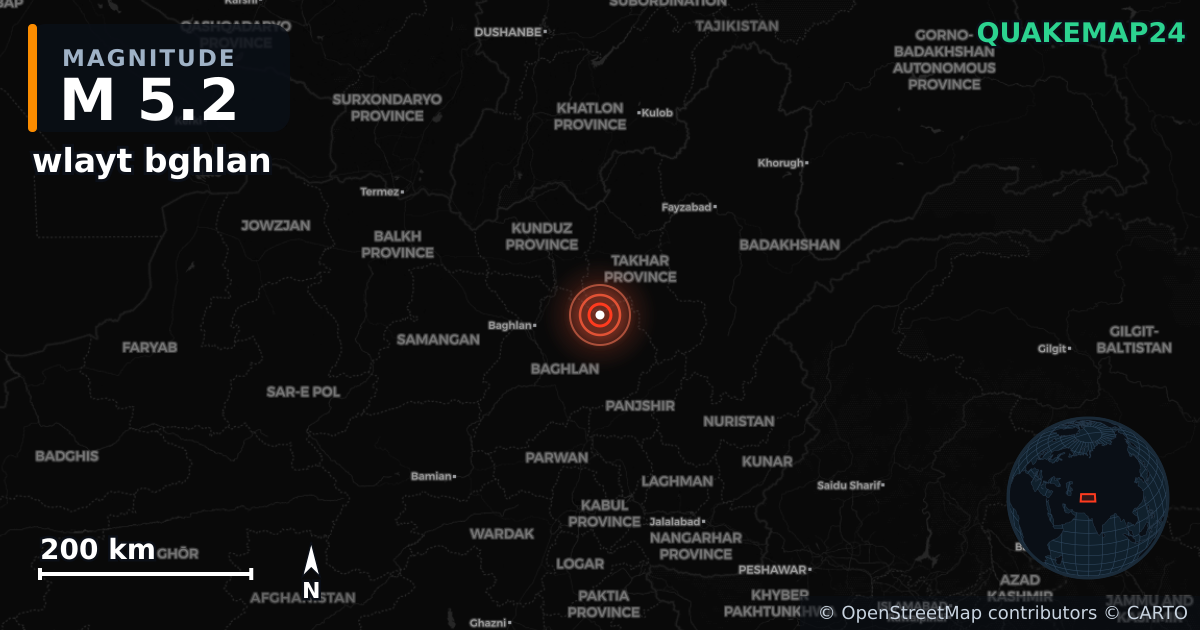 M5.2 earthquake near wlayt bghlan on Dec 19, 2025 — map of epicenter and shaking intensity | QuakeMap24